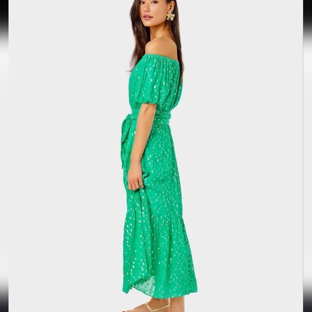 Lilly Pulitzer Tamie Off The Shoulder Midi Dress Botanical Green NWT Size Large - Picture 4 of 16